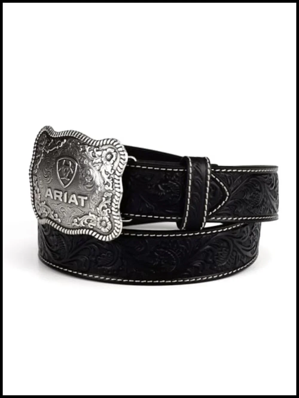 Floral Embossed Leather Men's Belt with Antiqued Silver Buckle